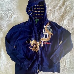 Polo by Ralph Lauren Blue Zip Up Hoodie Jacket with Gold Details
